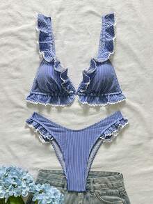 Swim Mod 2件組女孩特殊面料條紋荷葉邊三角比基尼上衣與V型荷葉邊三角泳褲泳裝 - 藍色 - 查看 5