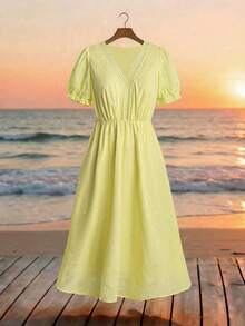 GlowEve CURVE Plus Size Solid Color V-Neck Ruched Casual Short Sleeve Dress, Summer Beach Vacation Yellow - Yellow - View 1