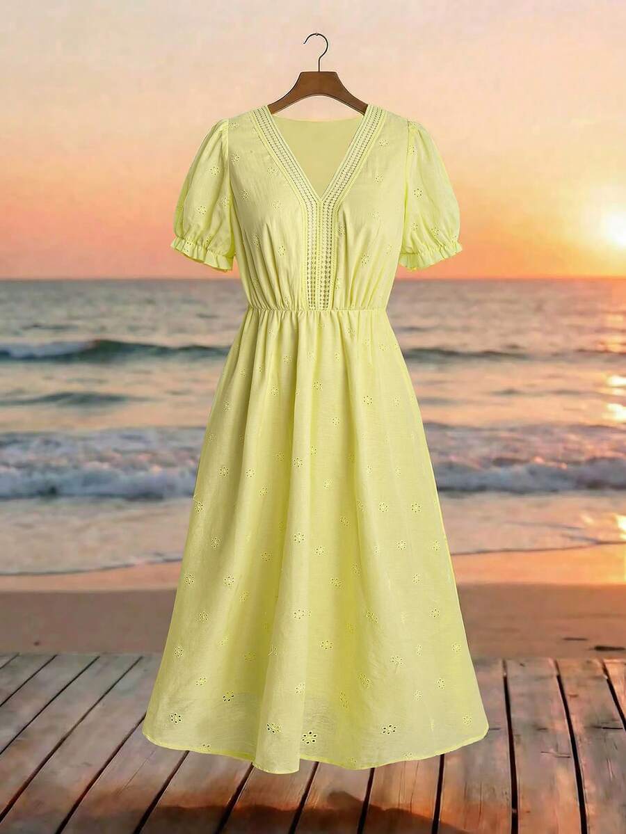 GlowEve CURVE Plus Size Solid Color V-Neck Ruched Casual Short Sleeve Dress, Summer Beach Vacation Yellow - Yellow - View 1