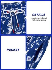 Manfinity Swimmode 男士夏季度假藍白花卉植物印花抽繩腰沙灘短褲，波西米亞風度假夏威夷熱帶泳褲，情侶約會穿搭 - 藏蓝色 - 查看 6