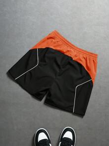 Manfinity ZONE917 Pantalones cortos con cordón en la cintura, estampado de letras y parches de colores contrastantes para hombres - Naranja - Ver 2