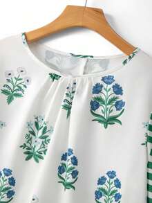 Linhara Blusa de cuello redondo con volantes en los puños y estampado floral para mujer de talla grande - Multicolor - Ver 3