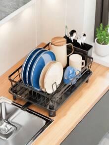 1pc Dish Drying Rack With Cutlery Holder, Space-Saving Kitchen Countertop Dish Drainer Rack, High-Quality Kitchen Storage Organizer - Black - View 8
