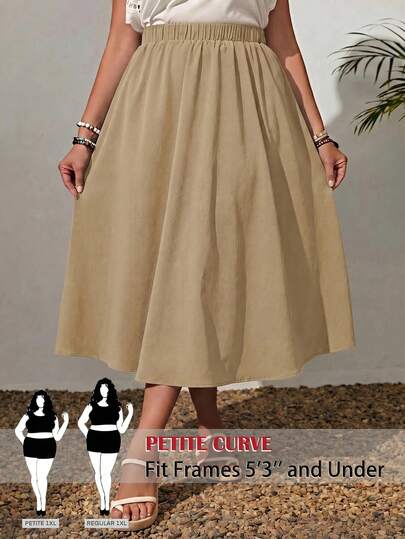 SHEIN PETITE CURVE Chân váy cỡ lớn màu trơn, cạp chun, dáng xòe rộng, thời trang mùa hè, dễ phối đồ.