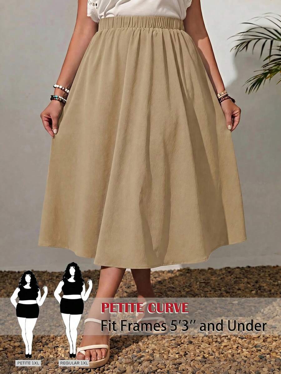 SHEIN PETITE CURVE 大尺碼純色鬆緊腰擺裙 寬鬆夏季時尚百搭裙 適合辦公室與早午餐 卡其色 柔軟顯型 商務休閒 - 卡其色 - 查看 1