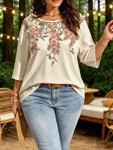 EMERY ROSE Plus Size Women Casual Retro Floral Print Drop Shoulder T-Shirt, Suitable For Summer Wear - Multicolor - View 4