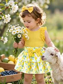 SHEIN Bộ đồ hè không tay 2 món cho bé gái, gồm áo tank top màu tím nhạt có gân với dây đeo bèo nhún và chân váy xếp tầng họa tiết hoa với eo chun, tươi mát và ngọt ngào, tôn lên vẻ đáng yêu tinh nghịch của bé gái. - Màu vàng - Xem 3