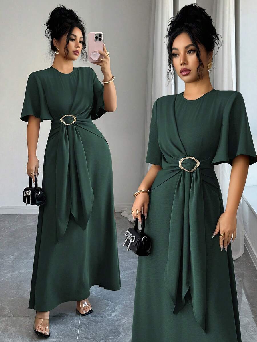 Elenzga Đầm maxi dài tay dáng chữ A, màu trơn, thanh lịch, thoải mái dành cho nữ, thích hợp đi làm, đi nghỉ mát, dự tiệc trà chiều, phù hợp cho mùa Xuân/Thu/Đông. - Màu xanh lá cây đậm - Xem 1