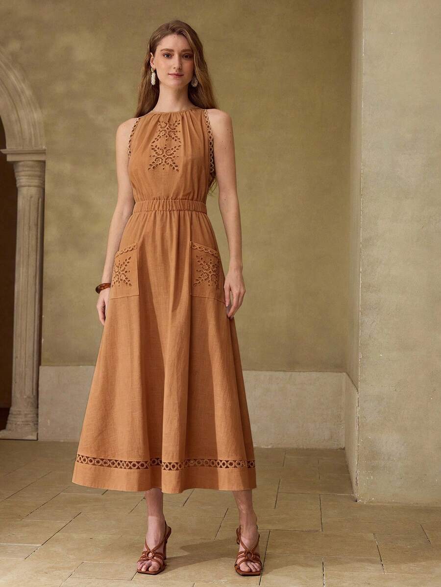 MOTF PREMIUM VESTIDO LARGO SIN MANGAS CON DISEÑO DELICADO DE MODA Y ADORNO DE ENCAJE BORDADO CALADO PARA MUJERES - Caqui - Ver 1