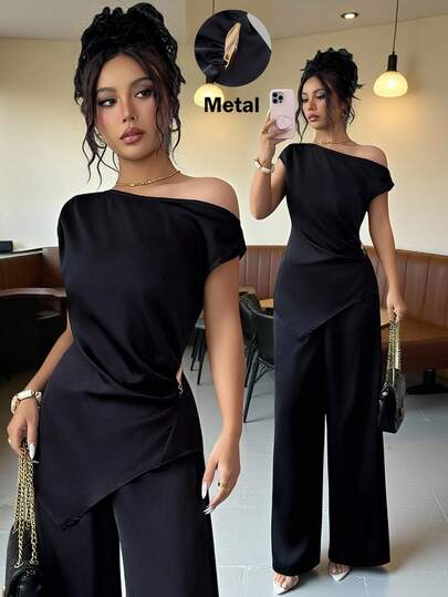Elenzga Conjunto de top asimétrico sin mangas con decoración de hebilla metálica y pantalón de pierna ancha hasta el suelo con cintura elástica, estilo minimalista elegante y casual para oficina y uso diario, para mujer