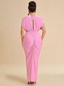 SHEIN BAE Đầm dự tiệc/hẹn hò thời trang màu trơn dành cho nữ cỡ lớn, cổ chữ V sâu, xếp ly. - Hồng - Xem 5