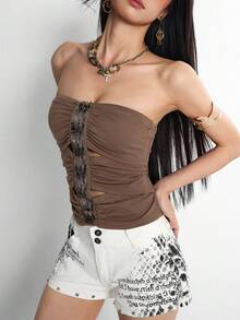 Rina Fox Top corto de canesú con pliegues y lentejuelas con diseño sexy Y2K, chaleco ajustado y ceñido con diseño calado para el verano - Marrón - Ver 5