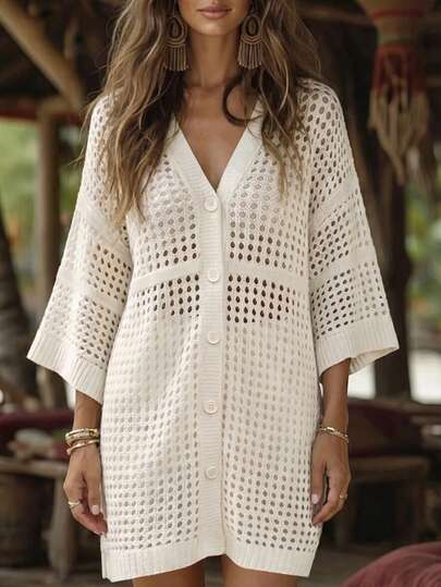 Linhara CURVE Plus Size Women Cardigan, Solid Color Knit Hollow V-Neck 3/4 Sleeve, Casual Suitable For Beach, Vacation, Office
