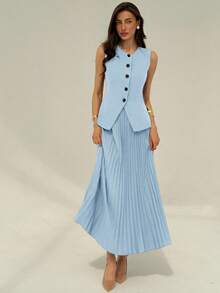 Aloruh Women's Elegant Commuter Solid Color Vest & Pleated Skirt Suit In Fall/Winter - Baby Blue - View 3