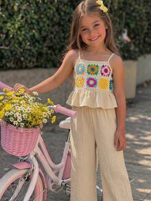 Emery Rose Kids Emery Rose Kids Bộ trang phục thường ngày cho bé gái: Áo hai dây xếp bèo in hoa và quần dài. - Màu be - Xem 1