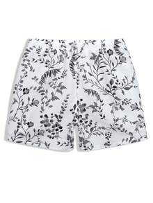 Manfinity Swimmode Men's Floral Print Drawstring Waist Casual Beach Shorts , Holiday Vacation Beach Hawaii Tropical Swim Bathing Couple's Date Vacation - Black and White - View 4