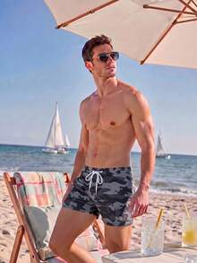 Manfinity Swimmode Men's Camouflage Drawstring Beach Shorts, Swim Trunks - Grey - View 3