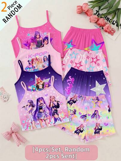 SHEIN [4pcs/Set, Random 2pcs Sent]! Surprise Box !!!! Young Girl's New Fashionable Cute Cartoon K-POP Girl Print Artoon Girl Dopamine Colorful Ombre Casual Minimalist Camisole Top And Shorts Set, Suitable For Summer Kids Sleepwear Girls Two Pieces For Girls Girl Summer Sets Cartoon Print Set