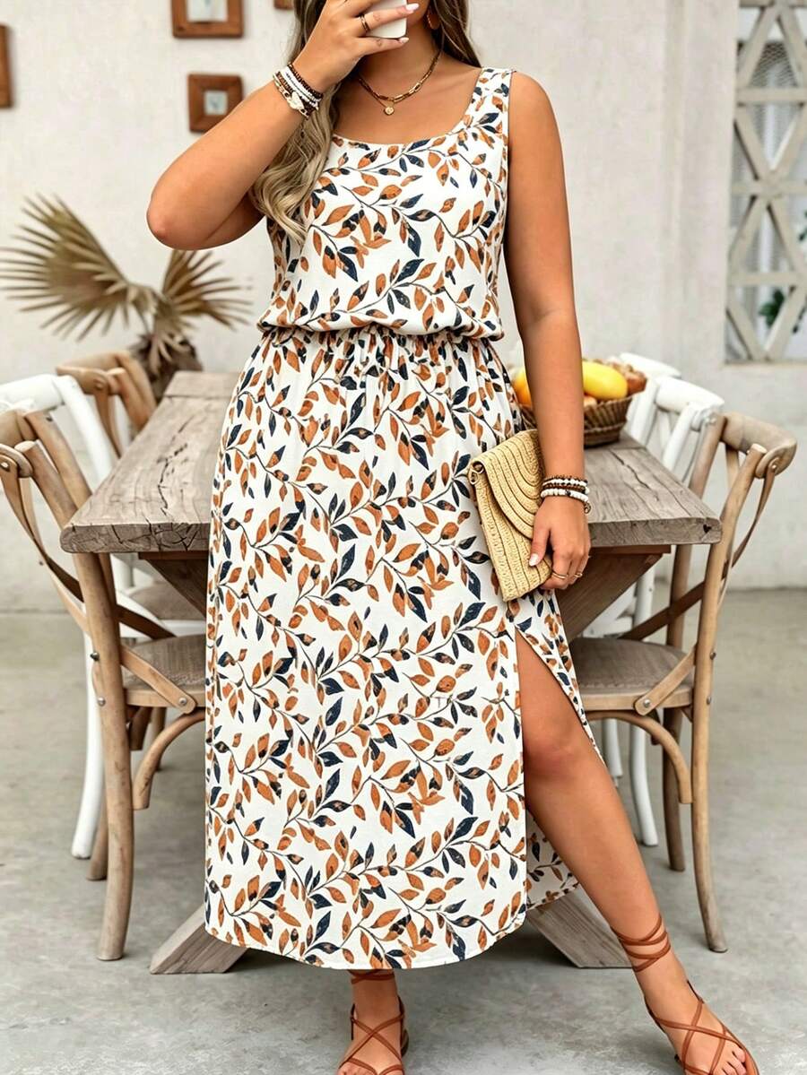 SHEIN LUNE Plus Size Waist Cinching Striped Slit Sleeveless Vacation Summer Spring Beach Dress - Pink - View 1