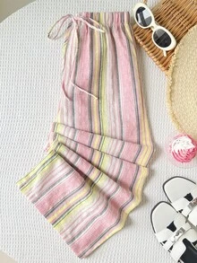 SHEIN 少女休闲简约舒适中腰直筒百搭裤 - 粉色 - 查看 5