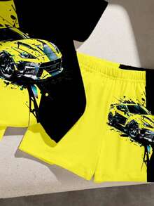 Set de 2 piezas de camiseta con estampado de coche y pantalones cortos para niños pequeños, estampado digital en negro y amarillo, conjunto de ropa casual y de moda para niños, adecuado para usar en verano, primavera y todas las estaciones, estilo callejero limón amarillo - Multicolor - Ver 5