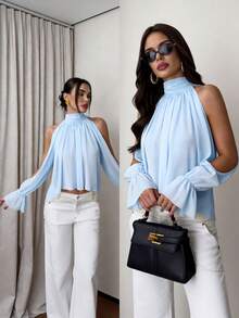 Firerie Women's Light Blue Elegant Party Blouse,Hollow Out Ruffle Sleeve Halter Neck Irregular Hem,Flowy Summmer Vacation Wear,Semi-Sheer Boho Top - Baby Blue - View 2