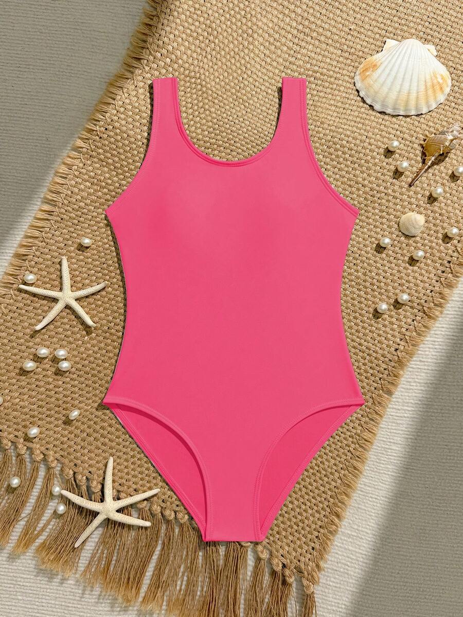 SHEIN 少女可爱玫红色连体泳衣,夏季海滩度假 - 彩色 - 查看 1