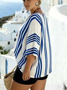 EMERY ROSE Plus Size V-Neck Batwing White Chiffon Cover Up, Beach Vacation Summer - Blue - View 7