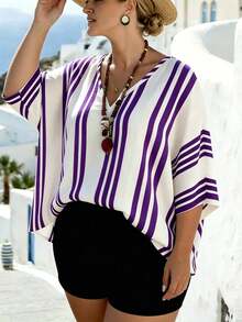 EMERY ROSE Plus Size V-Neck Batwing White Vacation Chiffon Cover Up Formal Vacation Summer Casual - Purple - View 1
