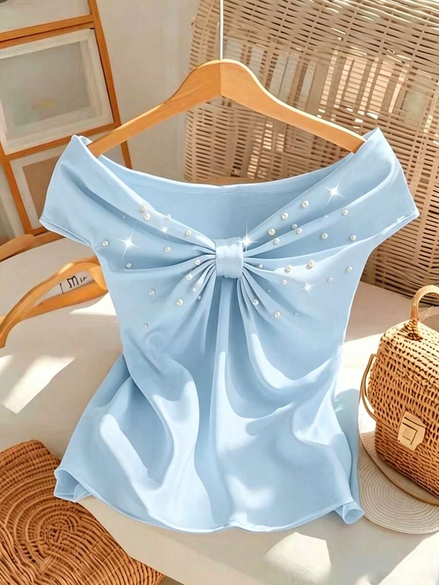 GlowEve CURVE Plus Size Women Pearl Decor Ruched Casual Daily Wear T-Shirt - Blue - View 1