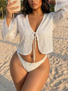 Swim SXY Plus Size Solid Color V-Neck Long Sleeve Casual Sexy Short Kimono, Summer Beach White - Red - View 4