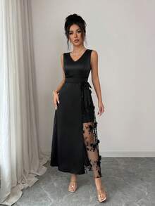 Vestido casual de fiesta para mujer con escote en V, parches de malla y bordado floral - Negro - Ver 4