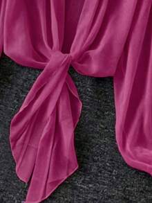 Linhara Plus Size Casual Solid Color Front Tie Loose Long Sleeve Shirt - Hot Pink - View 3