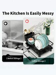 1pc Dish Drying Rack With Cutlery Holder, Space-Saving Kitchen Countertop Dish Drainer Rack, High-Quality Kitchen Storage Organizer - Black - View 4