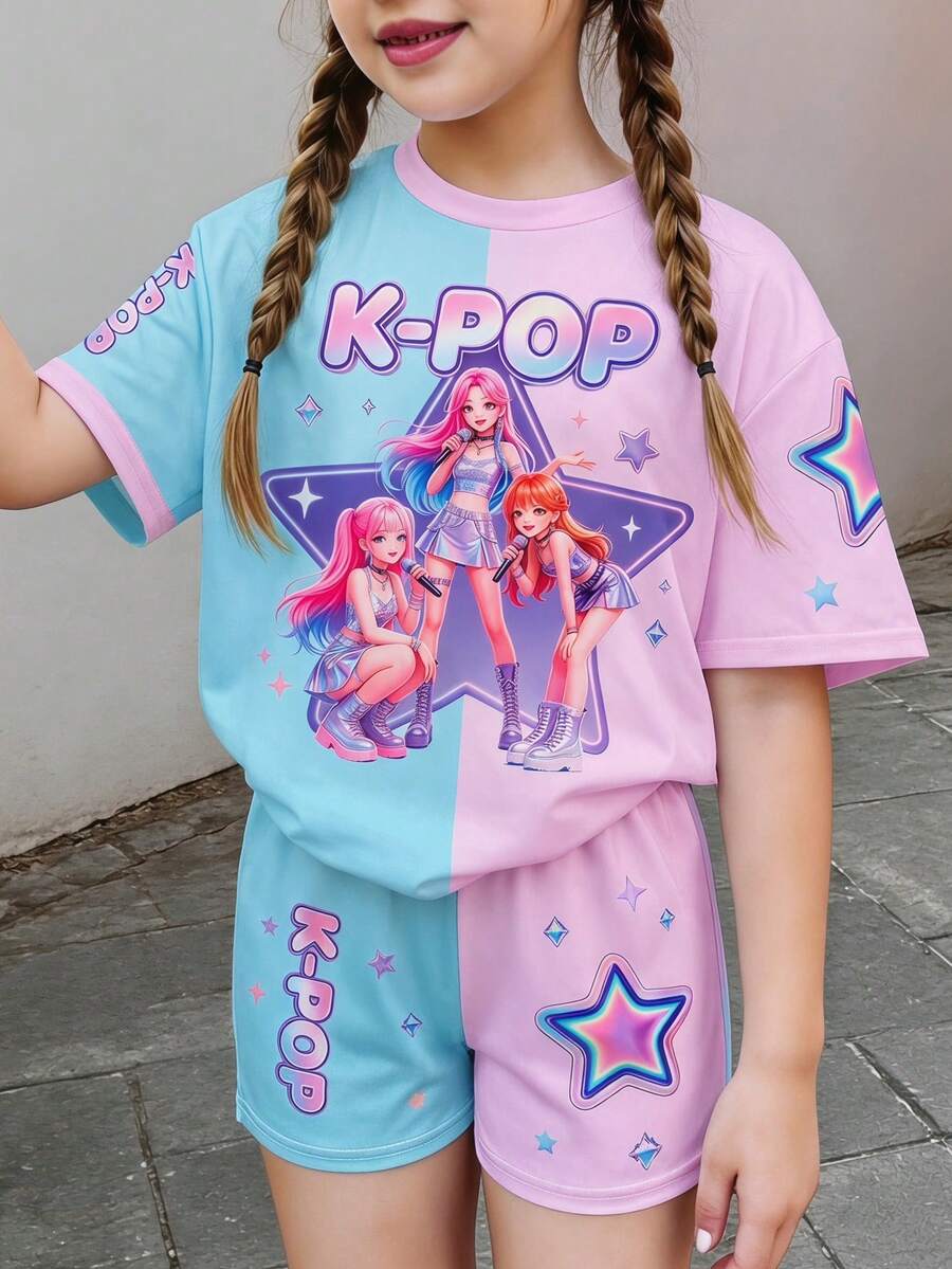 SHEIN Kids 2pcs/Set Young Girl Casual Sports Style K-Pop Cartoon Starry Sky Print Short Sleeve Top And Shorts Set,Light Pink,Summer Back To School