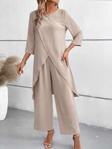 EMERY ROSE Women's Summer Solid Color 3/4 Sleeve Slit Shirt And Relaxed Waist Long Pants 2 Pieces Set - Khaki - View 4