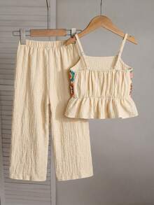 Emery Rose Kids Emery Rose Kids Bộ trang phục thường ngày cho bé gái: Áo hai dây xếp bèo in hoa và quần dài. - Màu be - Xem 5