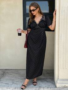 Easura Plus Size Fitted Mid-Length Dress,V-Neck Black Polka Dot Lace Accent,Urban Chic Style,Elegant Black And White Summer Date Night Wedding Party Gown - Multicolor - View 6
