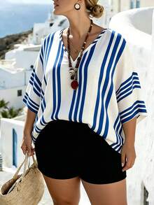 EMERY ROSE Plus Size V-Neck Batwing White Chiffon Cover Up, Beach Vacation Summer - Blue - View 3