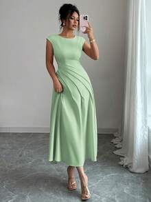 Selianne Vestido plisado de hombros caídos con estilo francés romántico para fiesta de té, adecuado para primavera y verano - verde menta - Ver 6