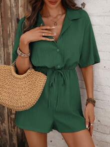 SHEIN LUNE Women's Textured Shirt & Casual Jumpsuit - Dark Green - View 5