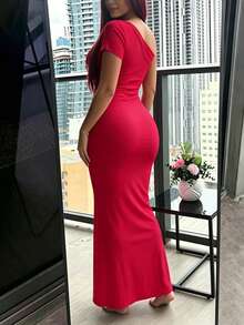 INAWLY Solva Đầm lệch vai ôm sát, xếp ly, thanh lịch dành cho nữ, thích hợp cho các buổi hẹn hò. - Đỏ - Xem 5