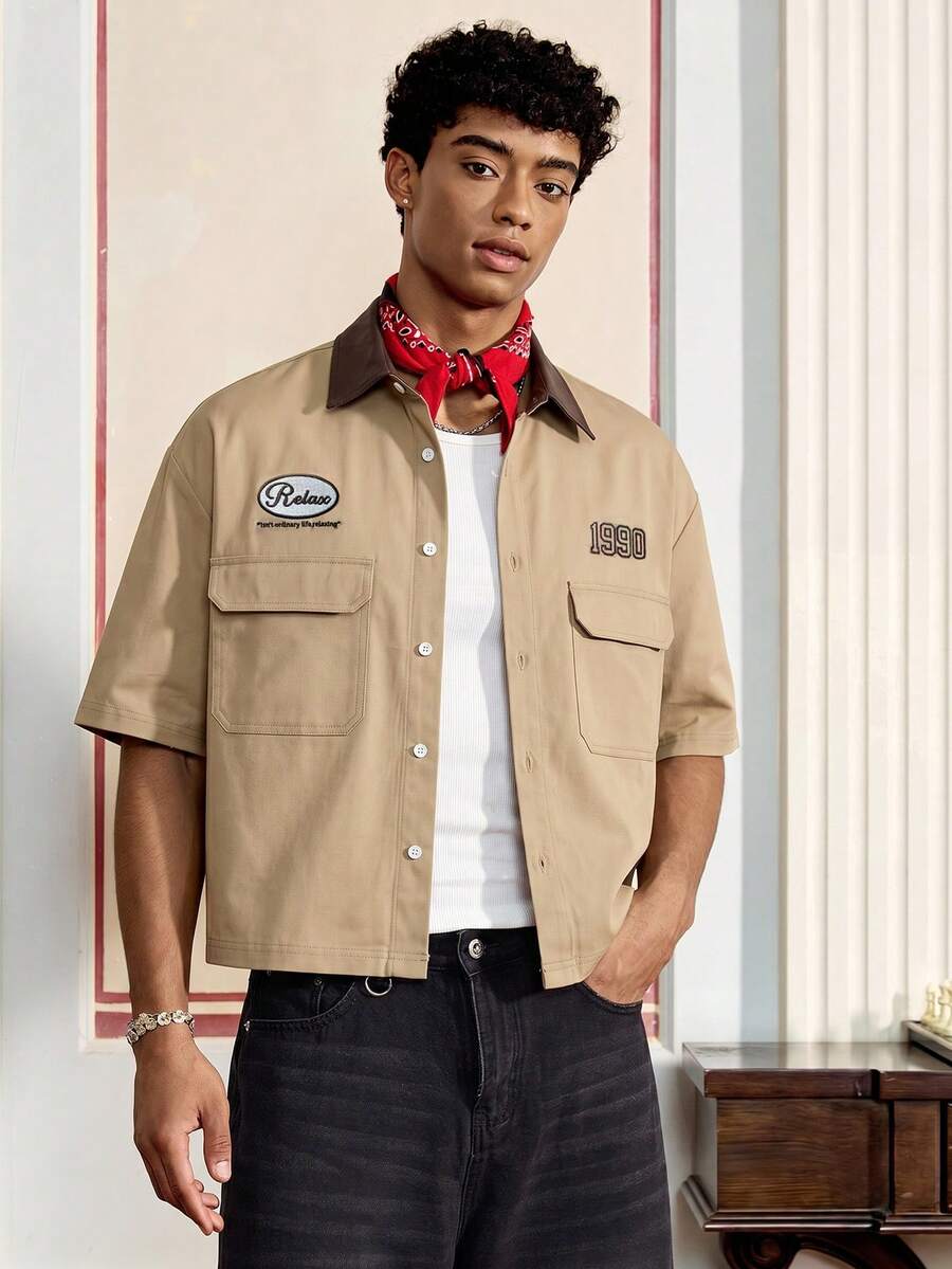 SWAVVY Men's Letter Print Short Sleeve Single-Breasted Cargo Pocket Shirt,Holiday,Summer - Khaki - View 1