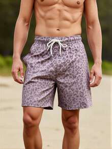 Manfinity Swimmode Pantalones cortos casuales de playa con estampado de leopardo, cintura con cordón y bolsillos para hombre, vacaciones - Rosa vieja - Ver 4