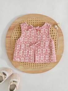 Cozy Pixies Baby Girl Sleeveless Solid Color Round Neck Vest With Bow Decor - Baby Pink - View 8