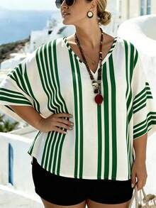 EMERY ROSE Plus Size V-Neck Batwing White Vacation Chiffon Cover Up Beach Summer - Green - View 6