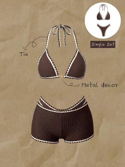Elavelle Women's Solid Color Halter Metal Accessories Shell Crochet Edge Bikini Set, Spring/Summer