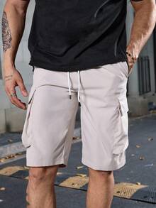 Manfinity CasualCool 男士纯色抽绳腰阔腿宽松休闲短裤，男士多口袋工作短裤 - 米色 - 查看 4