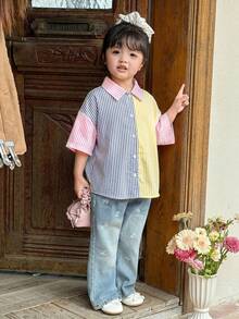SHEIN 女童淡粉色夏季條紋上衣,蝴蝶結細節、彼得潘領短袖上衣,可愛舒適寬鬆時尚襯衫,適合少女 - 彩色 - 查看 6