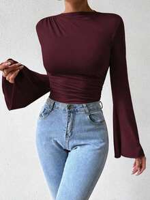 EMERY ROSE Mono informal de mujer de talla grande con mangas acampanadas con volantes y unicolor - Burdeos - Ver 3
